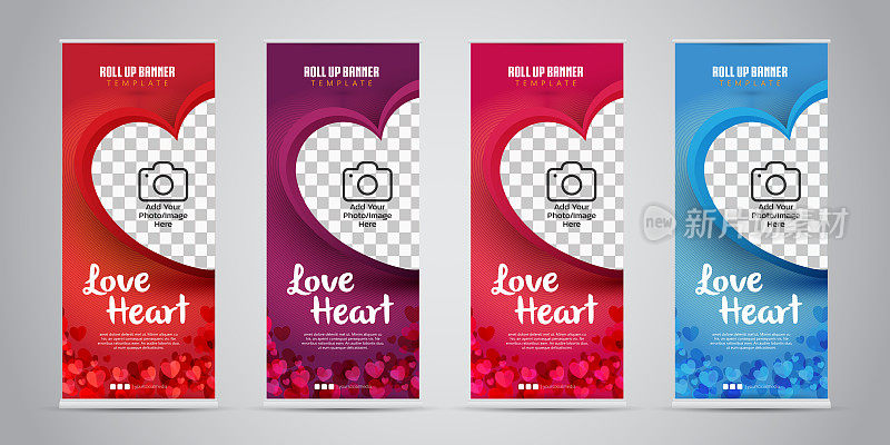 爱的心商业滚动旗帜4变颜色(红色，紫色，粉红色/品红，蓝色)。矢量插图。